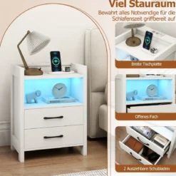 Nachttisch mit LED-Lichtern & Ladestation Nachtschrank mit 2 Schubladen & offenem Ablagefach Beistelltisch Weiß 45 x 35 x 60 cm