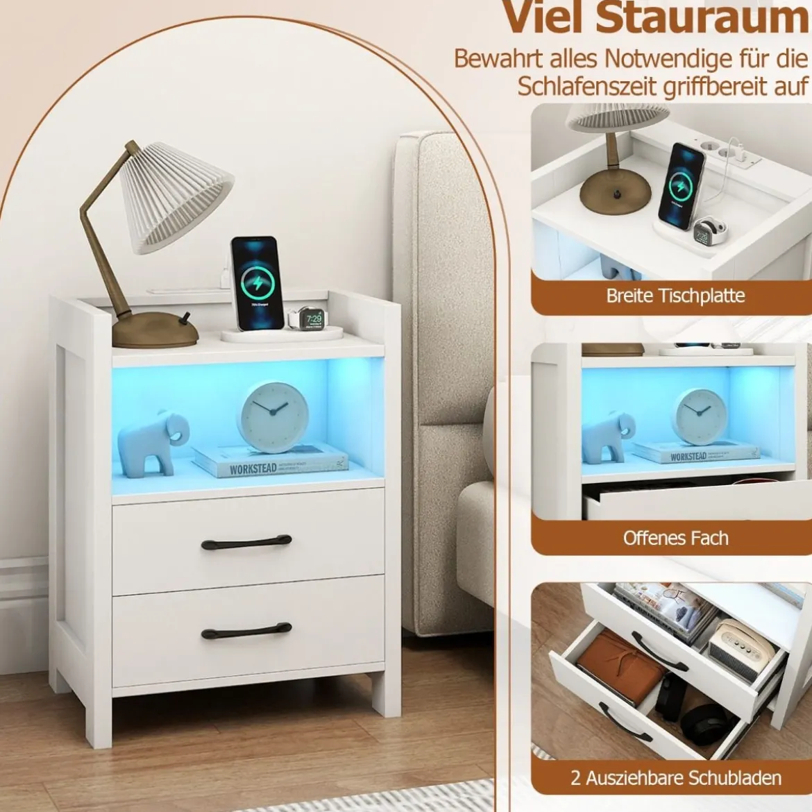 Nachttisch mit LED-Lichtern & Ladestation Nachtschrank mit 2 Schubladen & offenem Ablagefach Beistelltisch Weiß 45 x 35 x 60 cm