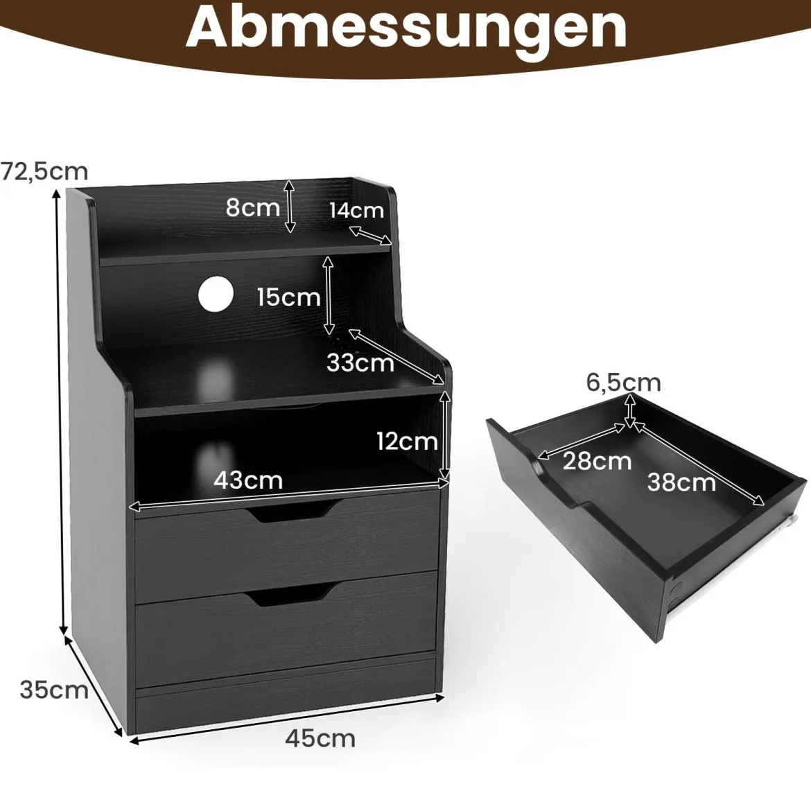 Nachttisch mit LED-Lichtern & Ladestation Beistelltisch mit 2 Schubladen & offenem Fach moderner Nachtschrank Schwarz