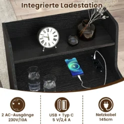 Nachttisch mit LED-Lichtern & Ladestation Beistelltisch mit 2 Schubladen & offenem Fach moderner Nachtschrank Schwarz