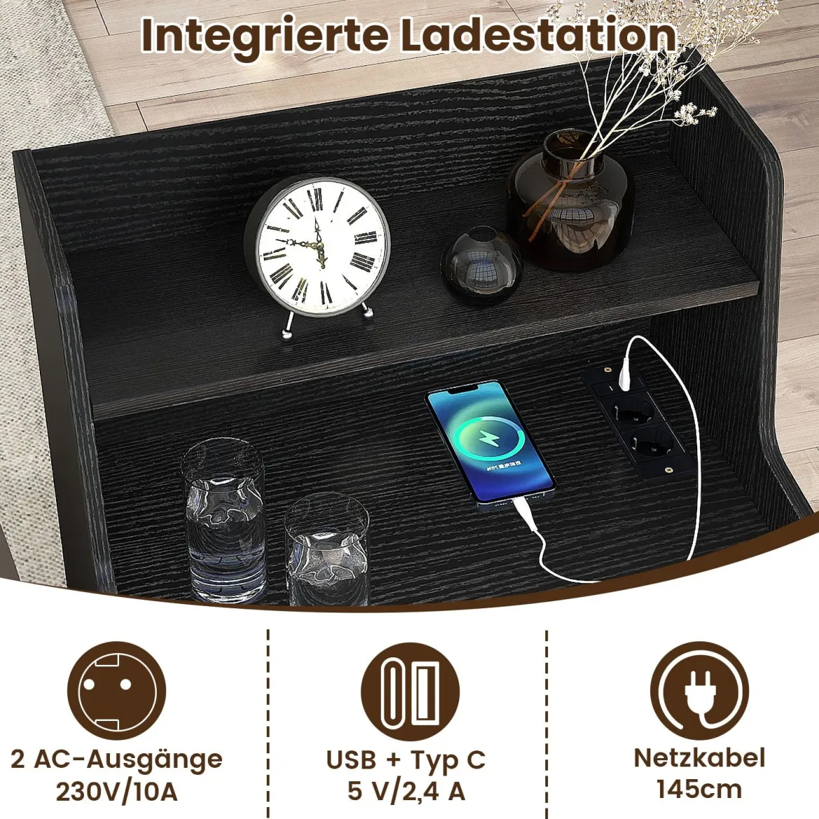 Nachttisch mit LED-Lichtern & Ladestation Beistelltisch mit 2 Schubladen & offenem Fach moderner Nachtschrank Schwarz