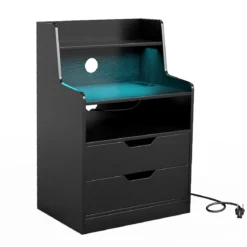 Nachttisch mit LED-Lichtern & Ladestation Beistelltisch mit 2 Schubladen & offenem Fach moderner Nachtschrank Schwarz