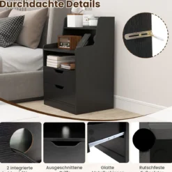Nachttisch mit LED-Lichtern & Ladestation Beistelltisch mit 2 Schubladen & offenem Fach moderner Nachtschrank Schwarz