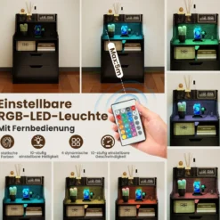 Nachttisch mit LED-Lichtern & Ladestation Beistelltisch mit 2 Schubladen & offenem Fach moderner Nachtschrank Schwarz