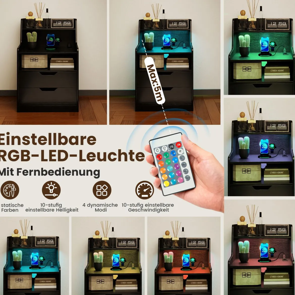 Nachttisch mit LED-Lichtern & Ladestation Beistelltisch mit 2 Schubladen & offenem Fach moderner Nachtschrank Schwarz