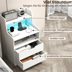 Nachttisch mit LED-Lichtern & Ladestation Beistelltisch mit 2 Schubladen & offenem Fach moderner Nachtschrank Weiß