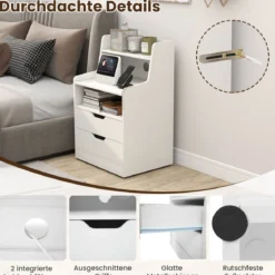 Nachttisch mit LED-Lichtern & Ladestation Beistelltisch mit 2 Schubladen & offenem Fach moderner Nachtschrank Weiß