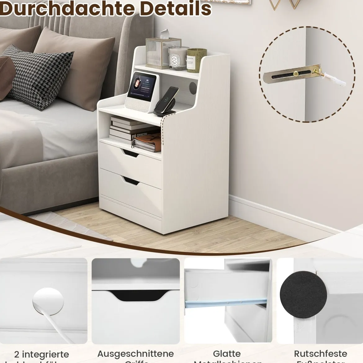 Nachttisch mit LED-Lichtern & Ladestation Beistelltisch mit 2 Schubladen & offenem Fach moderner Nachtschrank Weiß