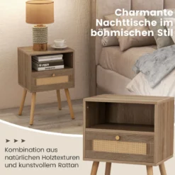 Nachttisch mit Rattanverzierung kleine Beistelltisch im Boho-Stil mit Schublade Natur