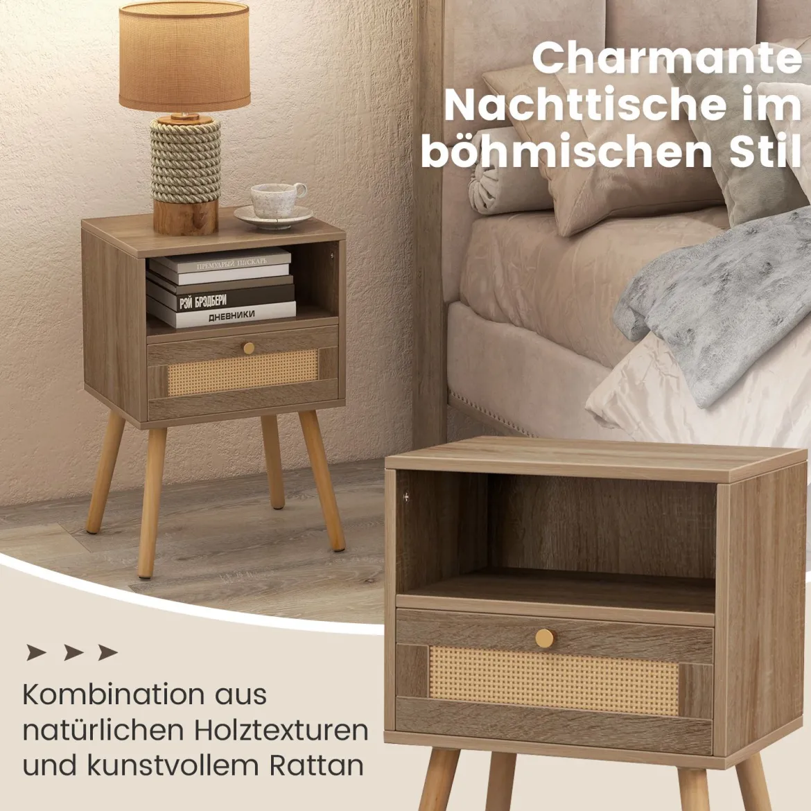 Nachttisch mit Rattanverzierung kleine Beistelltisch im Boho-Stil mit Schublade Natur