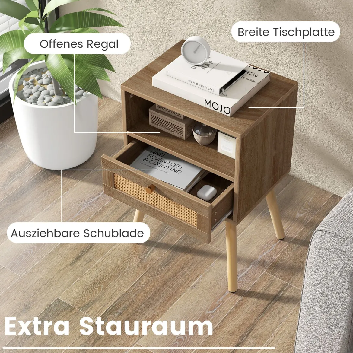 Nachttisch mit Rattanverzierung kleine Beistelltisch im Boho-Stil mit Schublade Natur