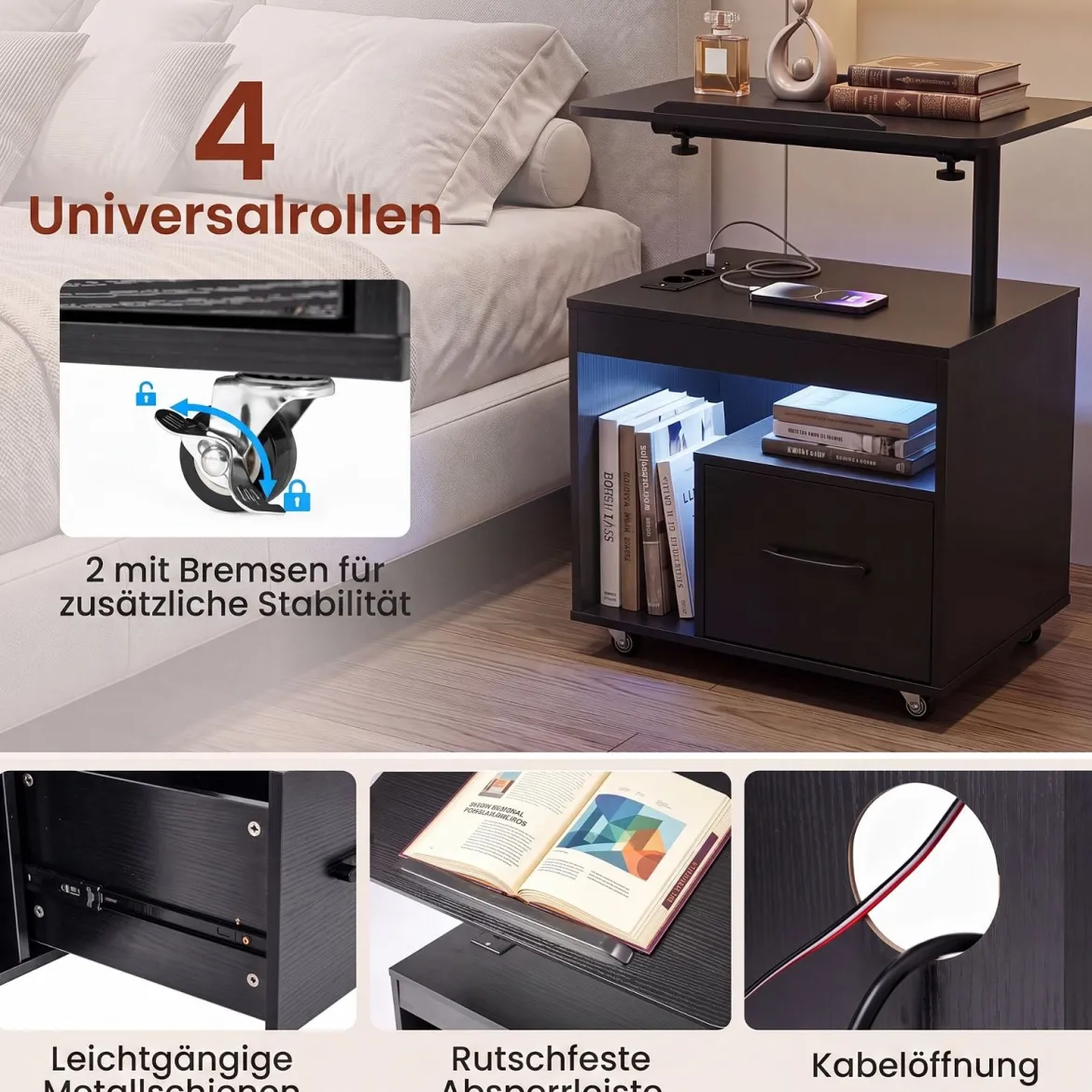 Nachttisch mit Rollen LED Nachtschrank mit Neigbarer Tischplatte Ladestation & Steckdosen Schwarz
