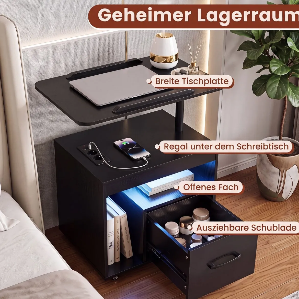 Nachttisch mit Rollen LED Nachtschrank mit Neigbarer Tischplatte Ladestation & Steckdosen Schwarz