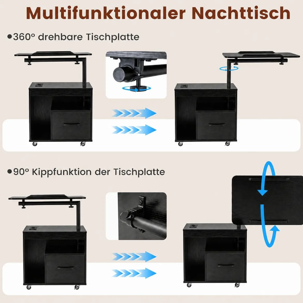 Nachttisch mit Rollen LED Nachtschrank mit Neigbarer Tischplatte Ladestation & Steckdosen Schwarz