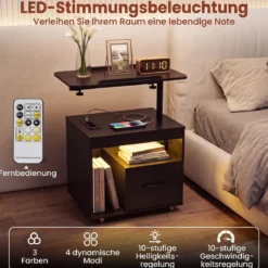 Nachttisch mit Rollen LED Nachtschrank mit Neigbarer Tischplatte Ladestation & Steckdosen Schwarz