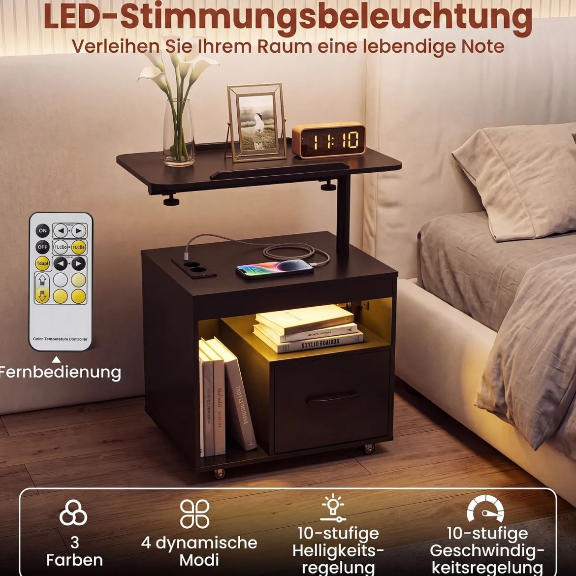 Nachttisch mit Rollen LED Nachtschrank mit Neigbarer Tischplatte Ladestation & Steckdosen Schwarz
