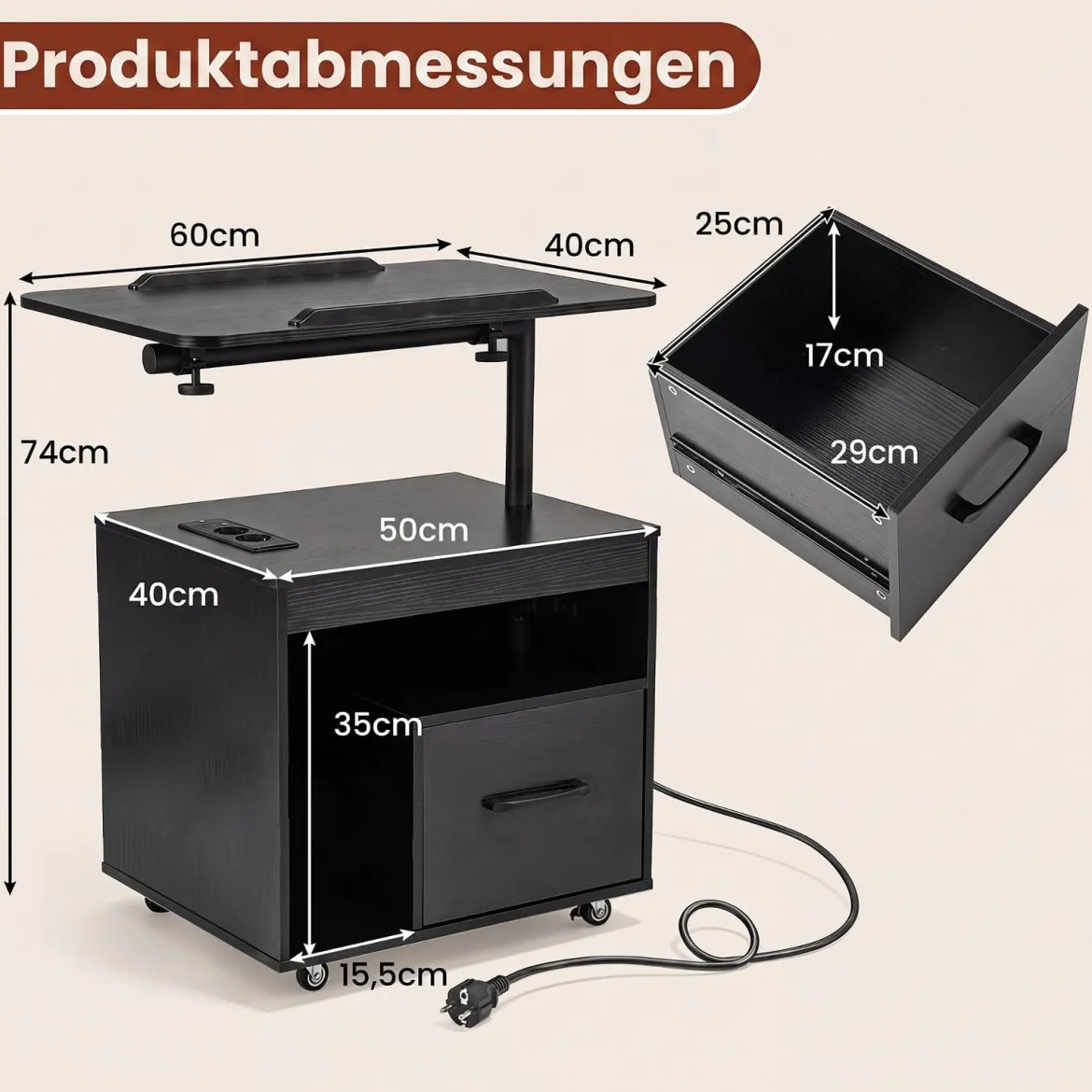 Nachttisch mit Rollen LED Nachtschrank mit Neigbarer Tischplatte Ladestation & Steckdosen Schwarz