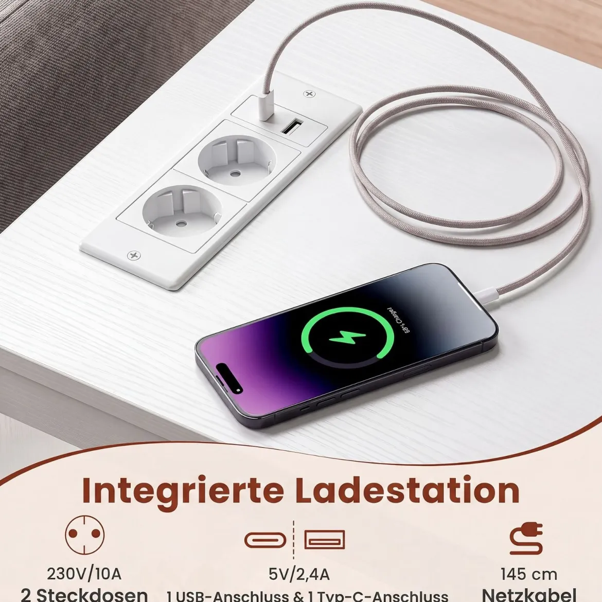 Nachttisch mit Rollen LED Nachtschrank mit Neigbarer Tischplatte Ladestation & Steckdosen Weiß