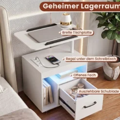 Nachttisch mit Rollen LED Nachtschrank mit Neigbarer Tischplatte Ladestation & Steckdosen Weiß