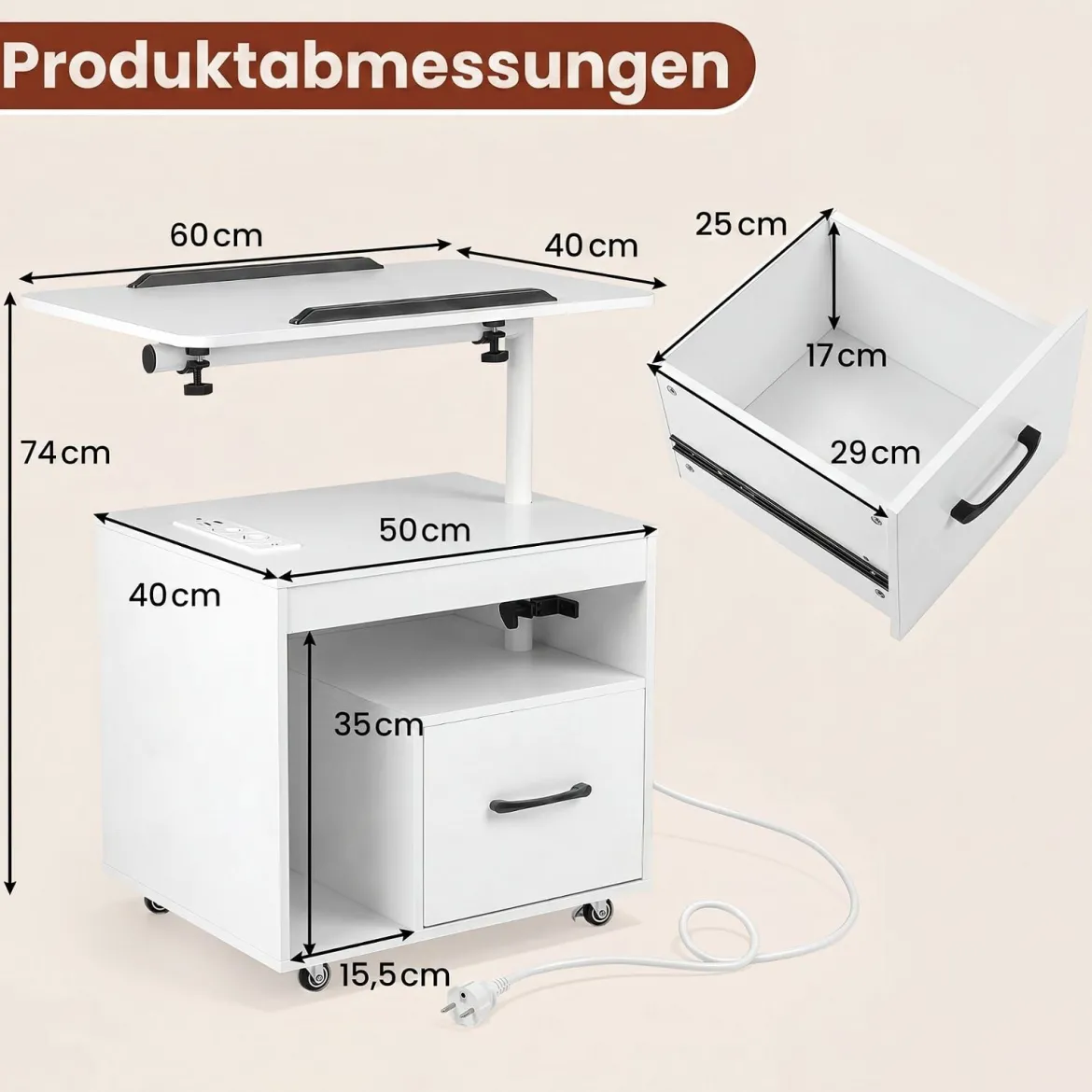 Nachttisch mit Rollen LED Nachtschrank mit Neigbarer Tischplatte Ladestation & Steckdosen Weiß