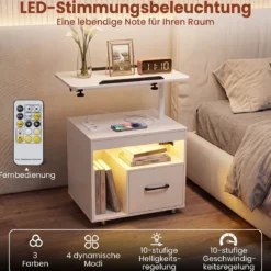 Nachttisch mit Rollen LED Nachtschrank mit Neigbarer Tischplatte Ladestation & Steckdosen Weiß