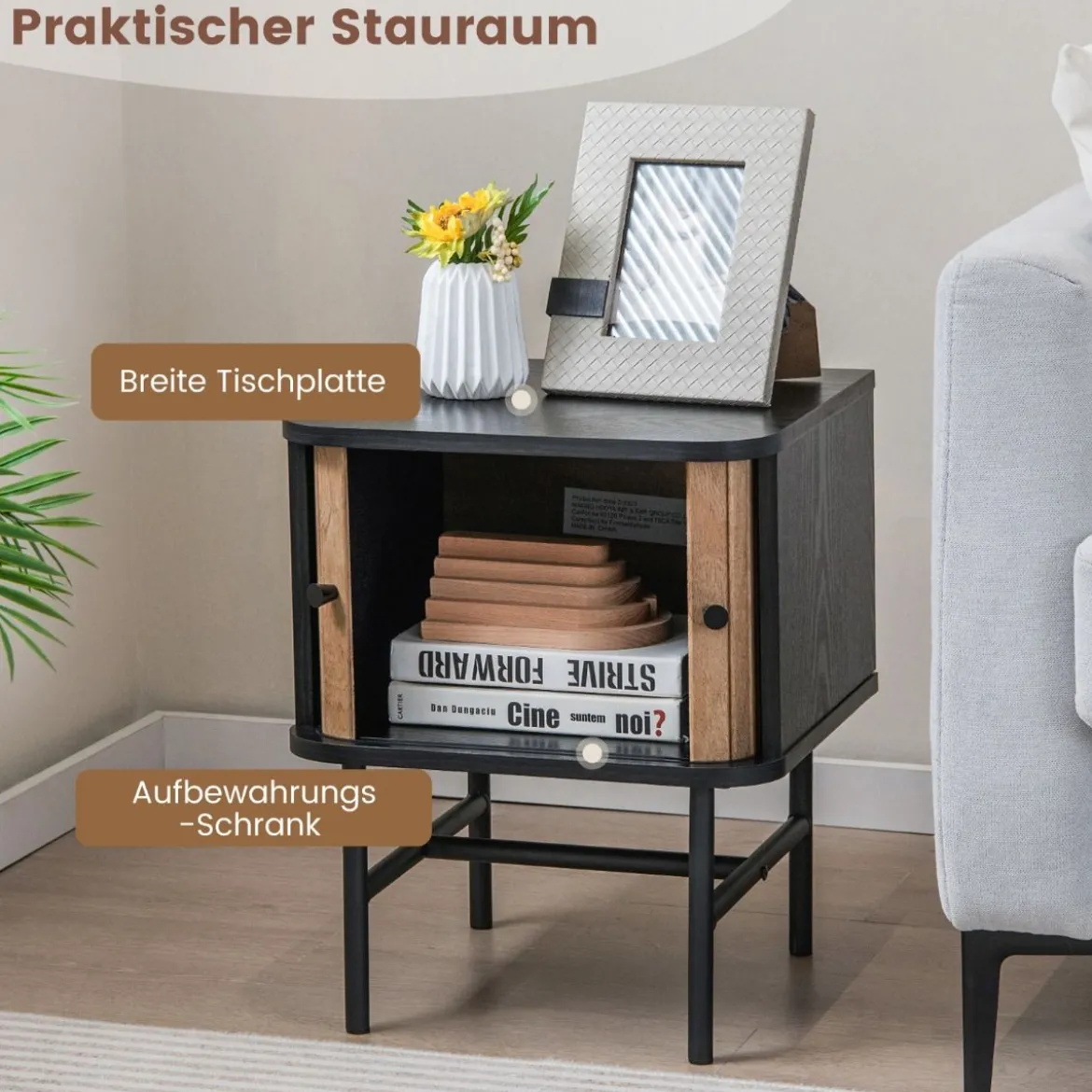 Nachttisch mit Schiebetüren Nachtschrank mit Stauraum 40 x 39 x 49 cm Schwarz