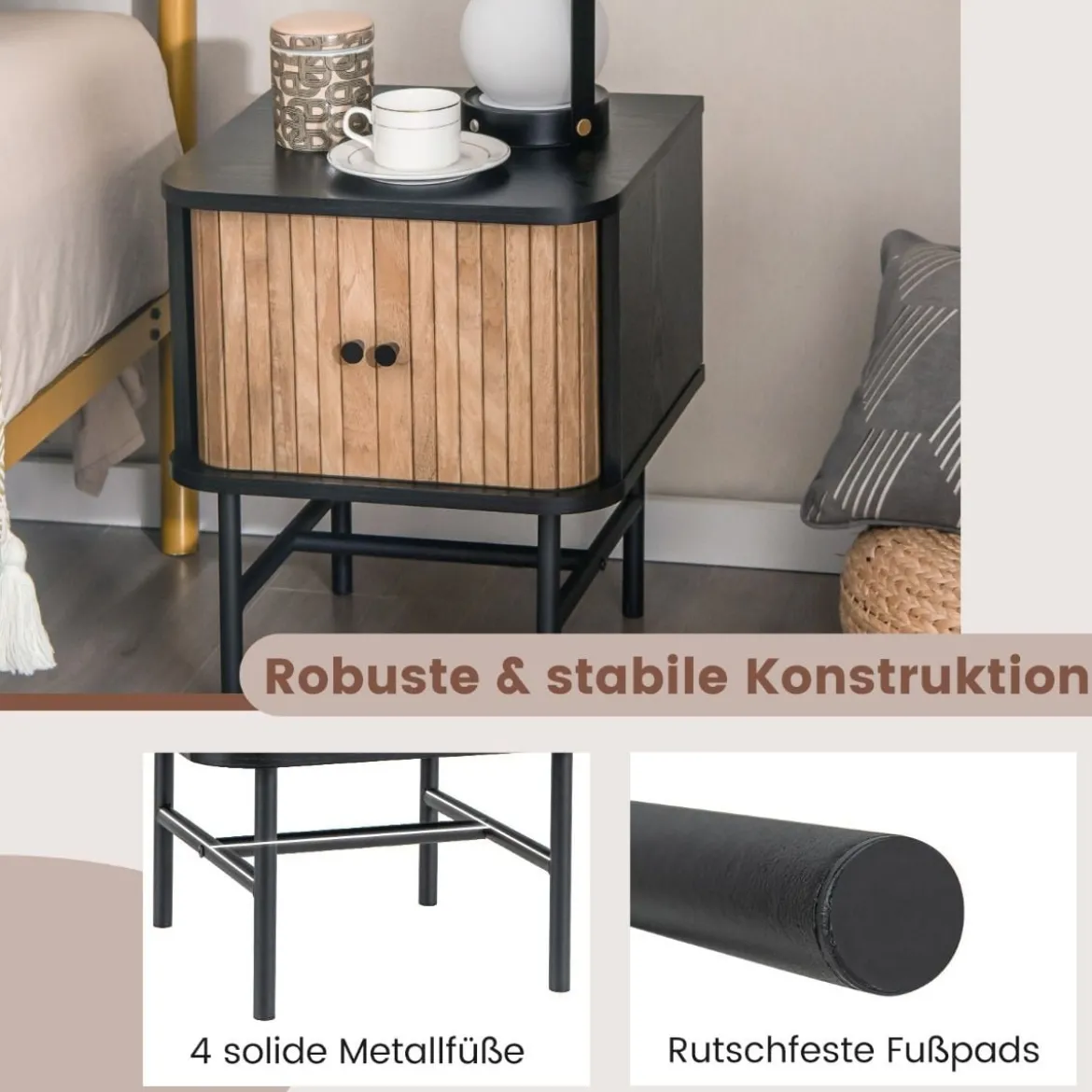 Nachttisch mit Schiebetüren Nachtschrank mit Stauraum 40 x 39 x 49 cm Schwarz