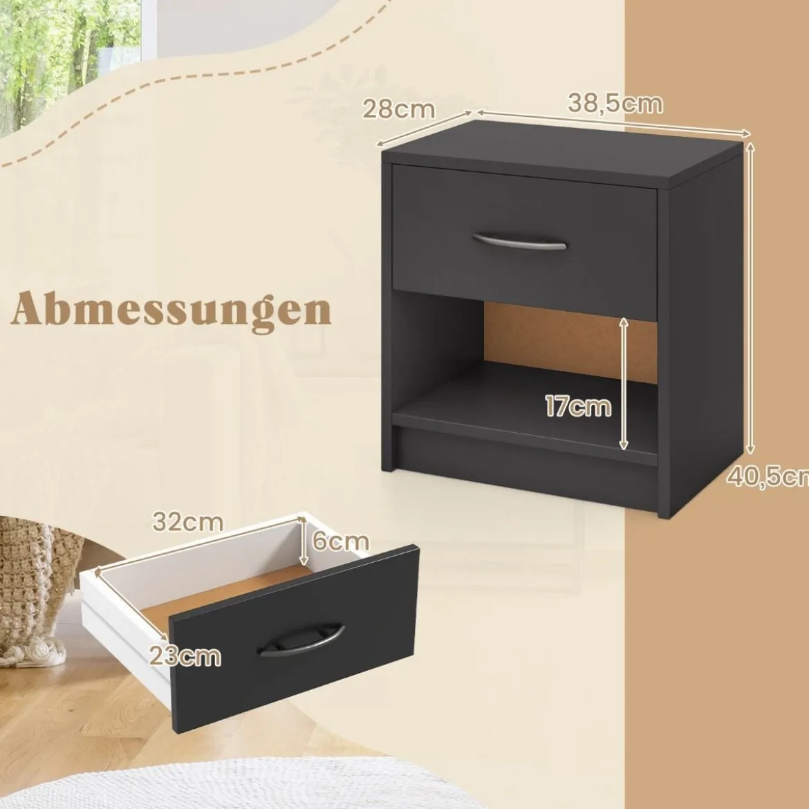 Nachttisch mit Schublade Kleiner Beistelltisch mit offenem Fach 38,5 x 28 x 40,5 cm