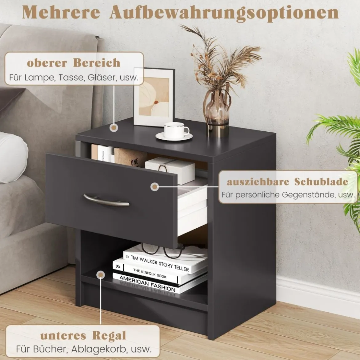 Nachttisch mit Schublade Kleiner Beistelltisch mit offenem Fach 38,5 x 28 x 40,5 cm