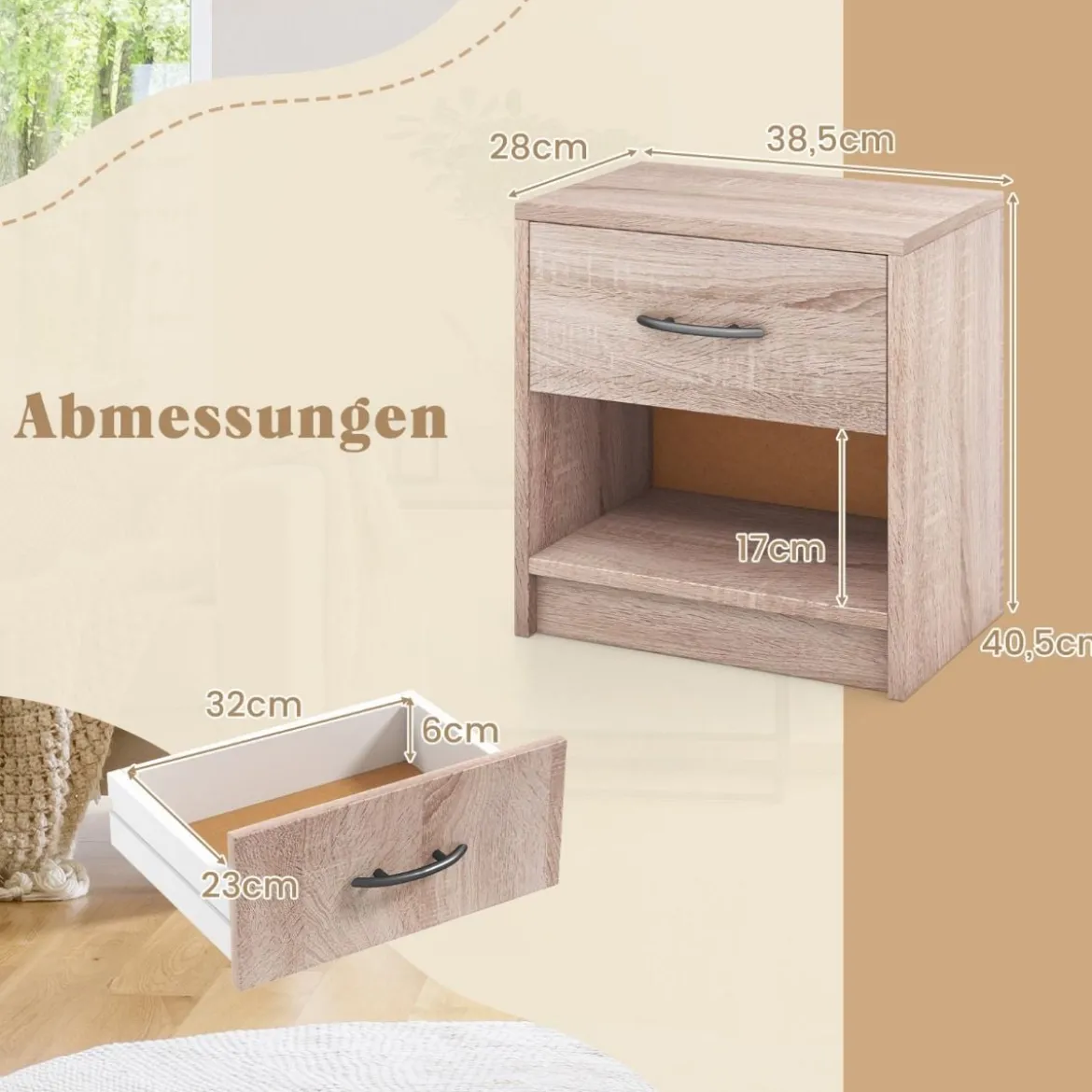 Nachttisch mit Schublade Kleiner Beistelltisch mit offenem Fach 38,5 x 28 x 40,5 cm
