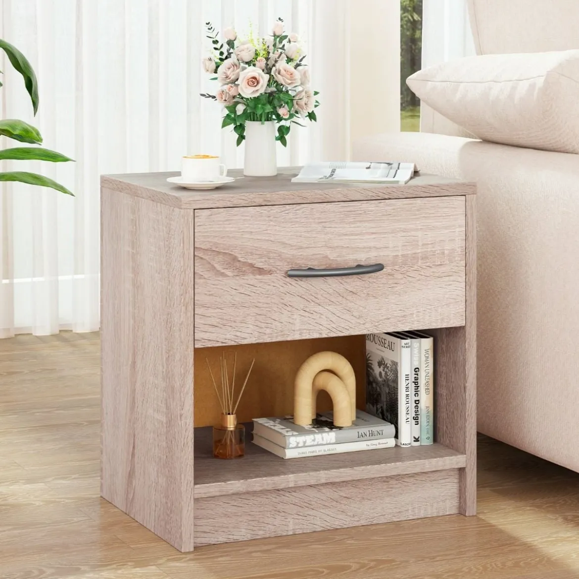 Nachttisch mit Schublade Kleiner Beistelltisch mit offenem Fach 38,5 x 28 x 40,5 cm