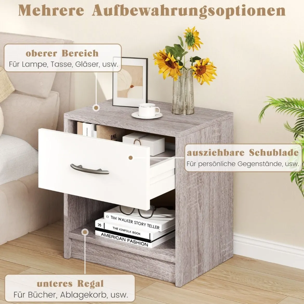 Nachttisch mit Schublade Kleiner Beistelltisch mit offenem Fach 38,5 x 28 x 40,5 cm