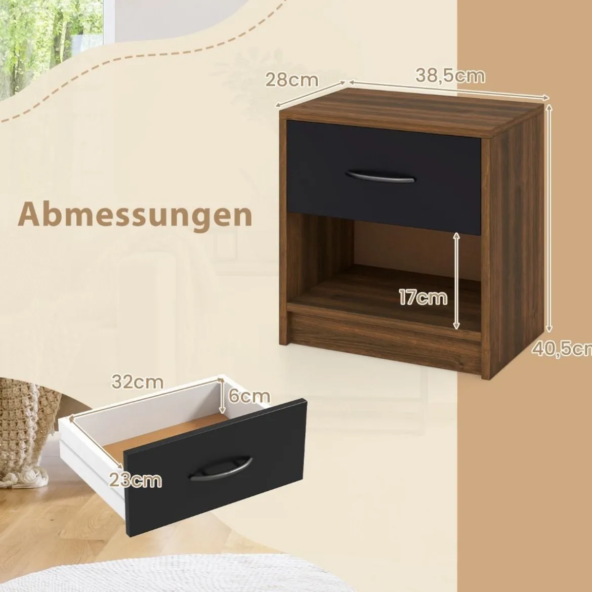 Nachttisch mit Schublade Kleiner Beistelltisch mit offenem Fach 38,5 x 28 x 40,5 cm