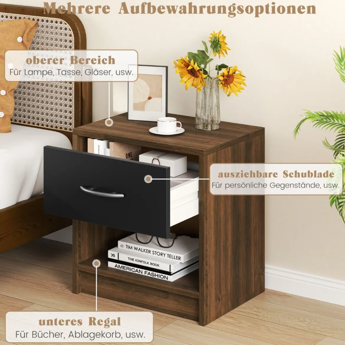 Nachttisch mit Schublade Kleiner Beistelltisch mit offenem Fach 38,5 x 28 x 40,5 cm