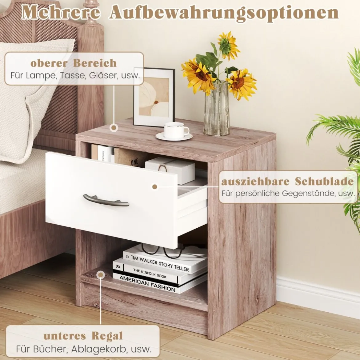 Nachttisch mit Schublade Kleiner Beistelltisch mit offenem Fach 38,5 x 28 x 40,5 cm