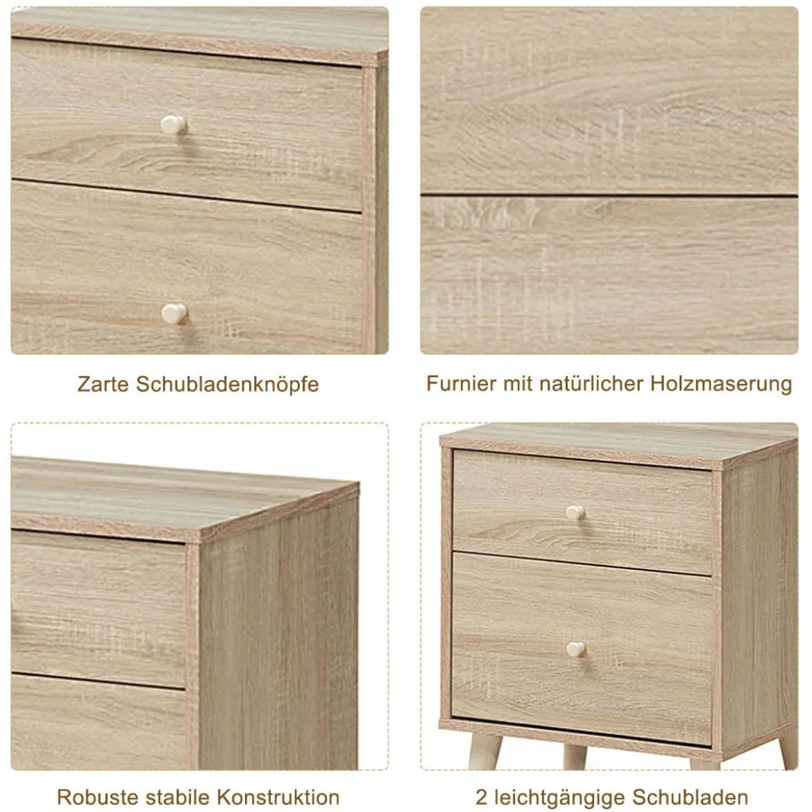 Nachttisch mit 2 Schubladen Beistelltisch Nachtkommode Nachtschrank Eiche
