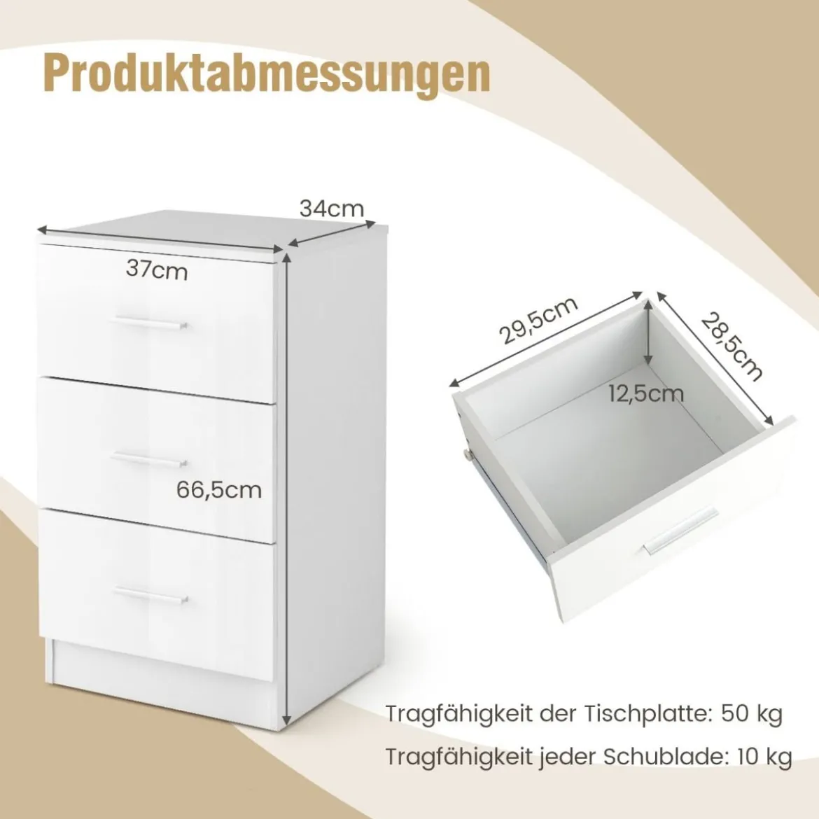 Nachttisch mit 3 Schubladen Hochglanz Nachtschrank 37,1 x 34,2 x 66,5 cm Weiß
