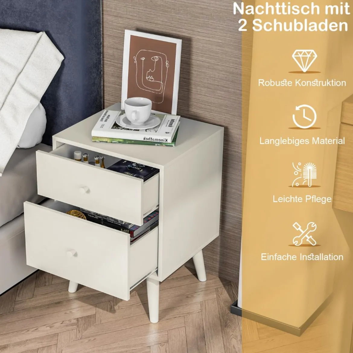 Nachttisch mit 2 Schubladen Holzkommode Beistelltisch 45 x 39,5 x 62 cm Weiß