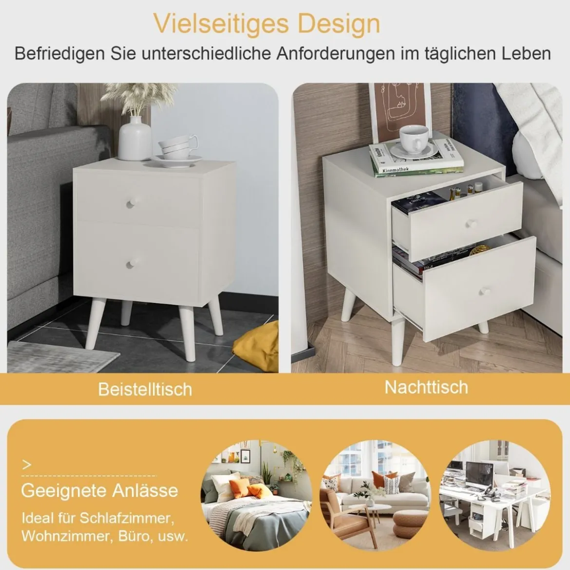 Nachttisch mit 2 Schubladen Holzkommode Beistelltisch 45 x 39,5 x 62 cm Weiß
