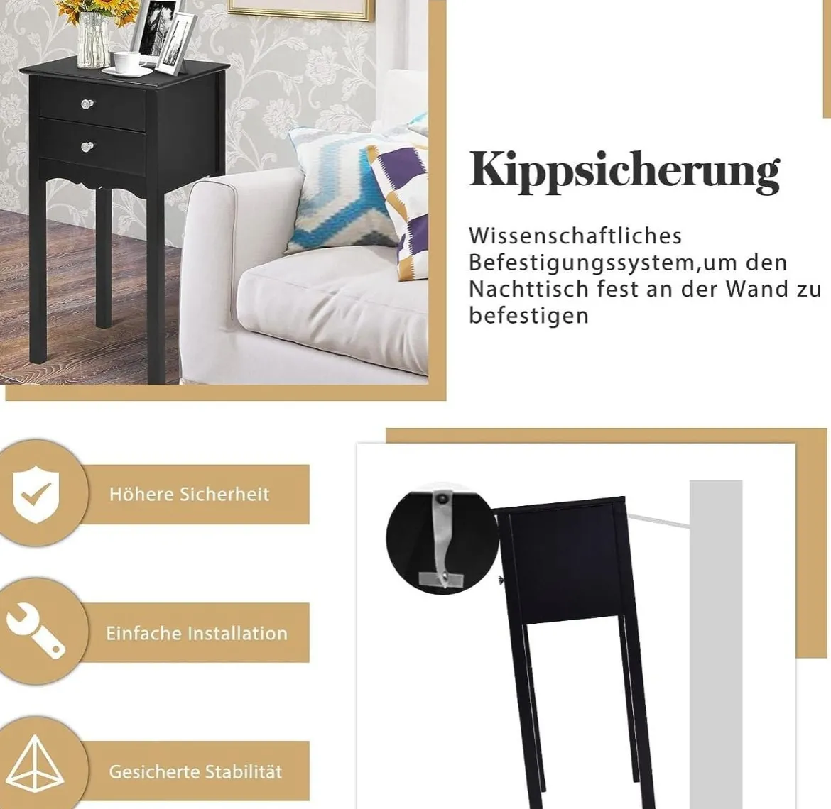 Nachttisch mit 2 Schubladen & Kippsicherung Moderner Beistelltisch 40 x 32 x 75 cm Schwarz