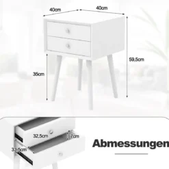 Nachttisch mit 2 Schubladen Kleiner Beistelltisch aus Holz 40 x 40 x 59,5 cm Weiß