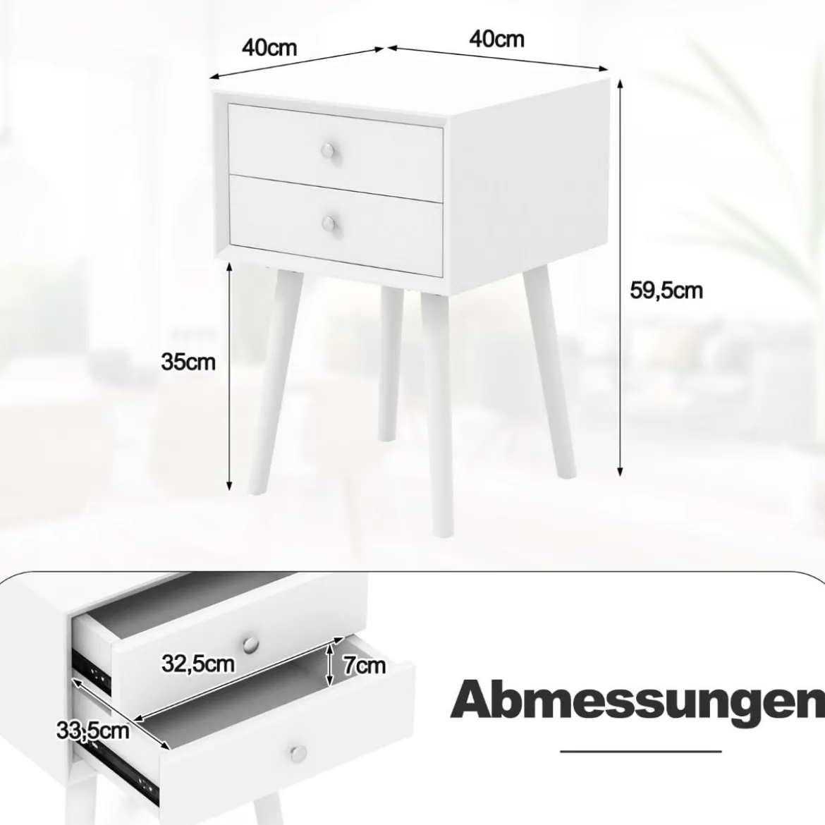 Nachttisch mit 2 Schubladen Kleiner Beistelltisch aus Holz 40 x 40 x 59,5 cm Weiß