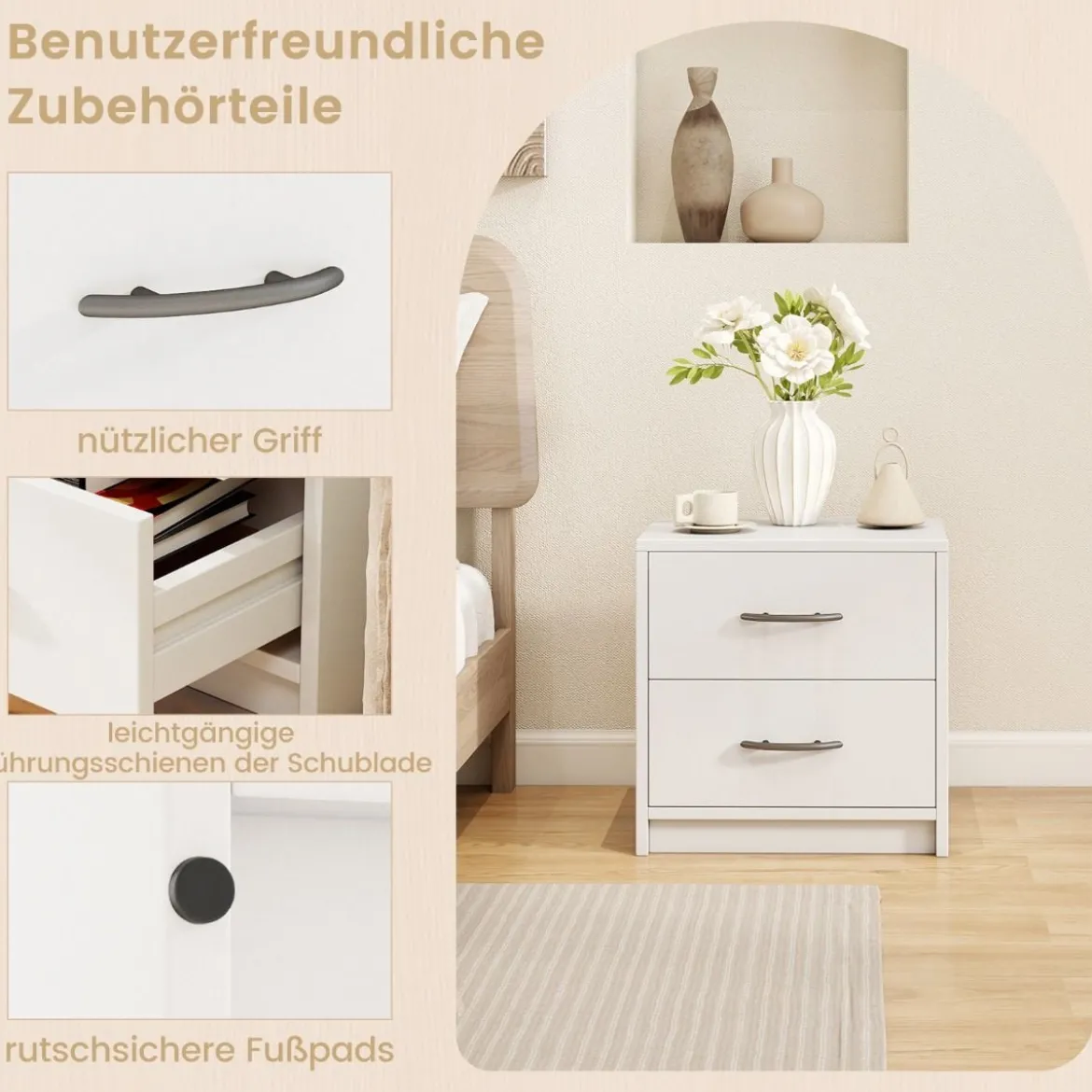 Nachttisch mit 2 Schubladen Kleiner Beistelltisch Nachtschrank Sofatisch Nachtkommode