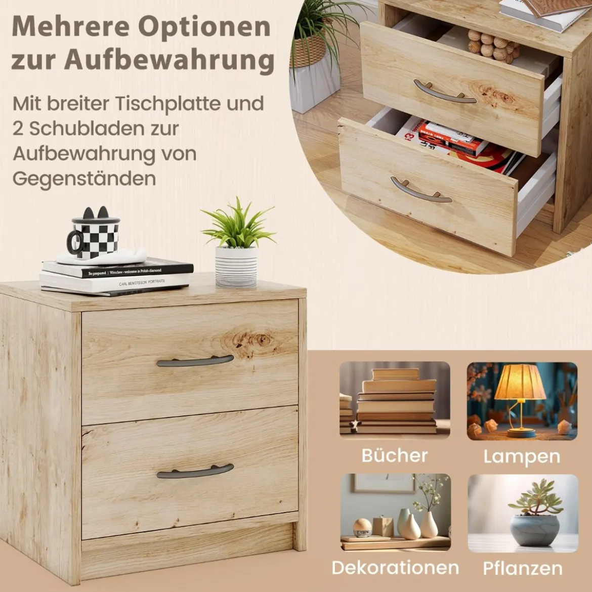 Nachttisch mit 2 Schubladen Kleiner Beistelltisch Nachtschrank Sofatisch Nachtkommode