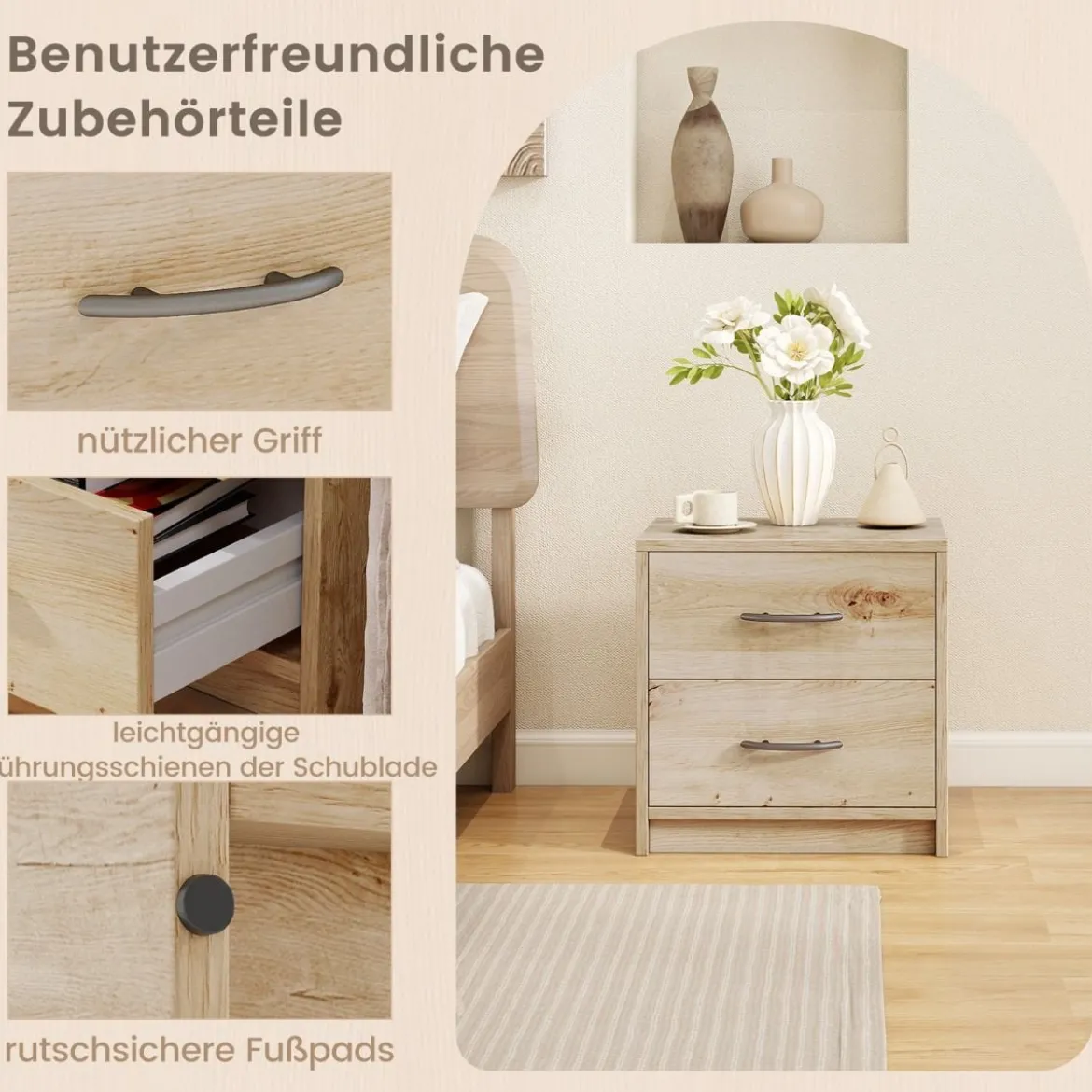 Nachttisch mit 2 Schubladen Kleiner Beistelltisch Nachtschrank Sofatisch Nachtkommode