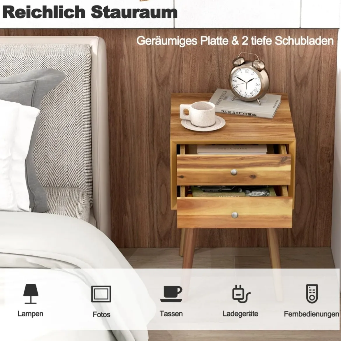 Nachttisch mit 2 Schubladen Kompakter Couchtisch aus Holz 40 x 40 x 59,5 cm Natur