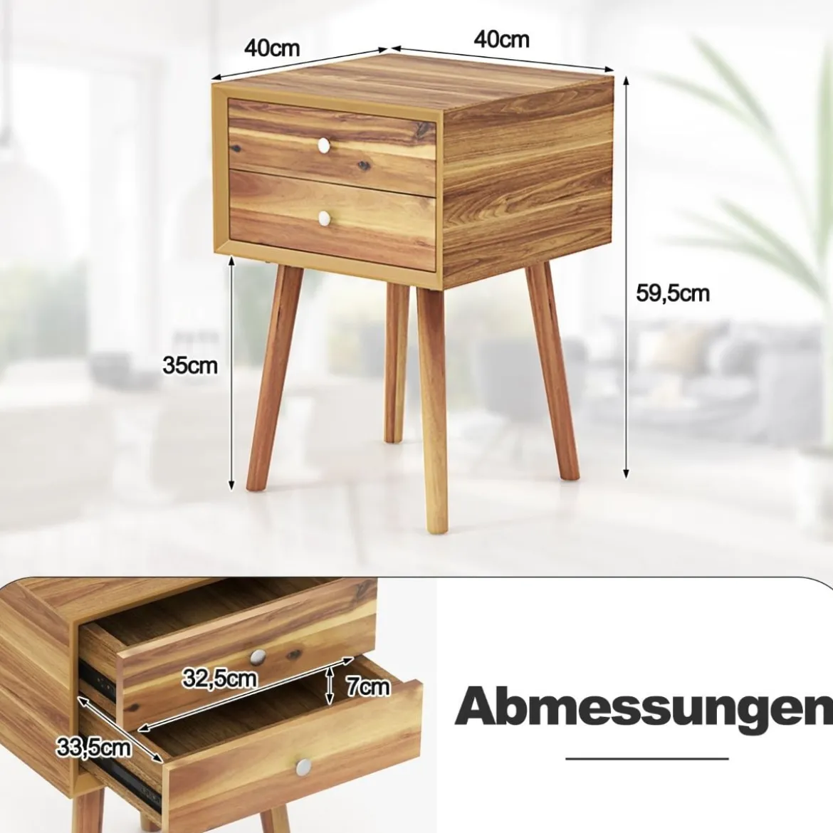 Nachttisch mit 2 Schubladen Kompakter Couchtisch aus Holz 40 x 40 x 59,5 cm Natur
