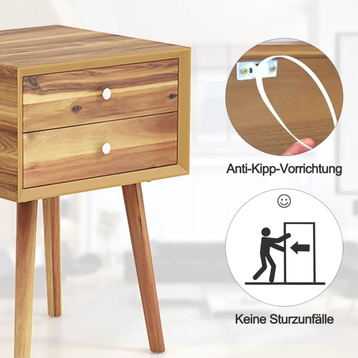 Nachttisch mit 2 Schubladen Kompakter Couchtisch aus Holz 40 x 40 x 59,5 cm Natur