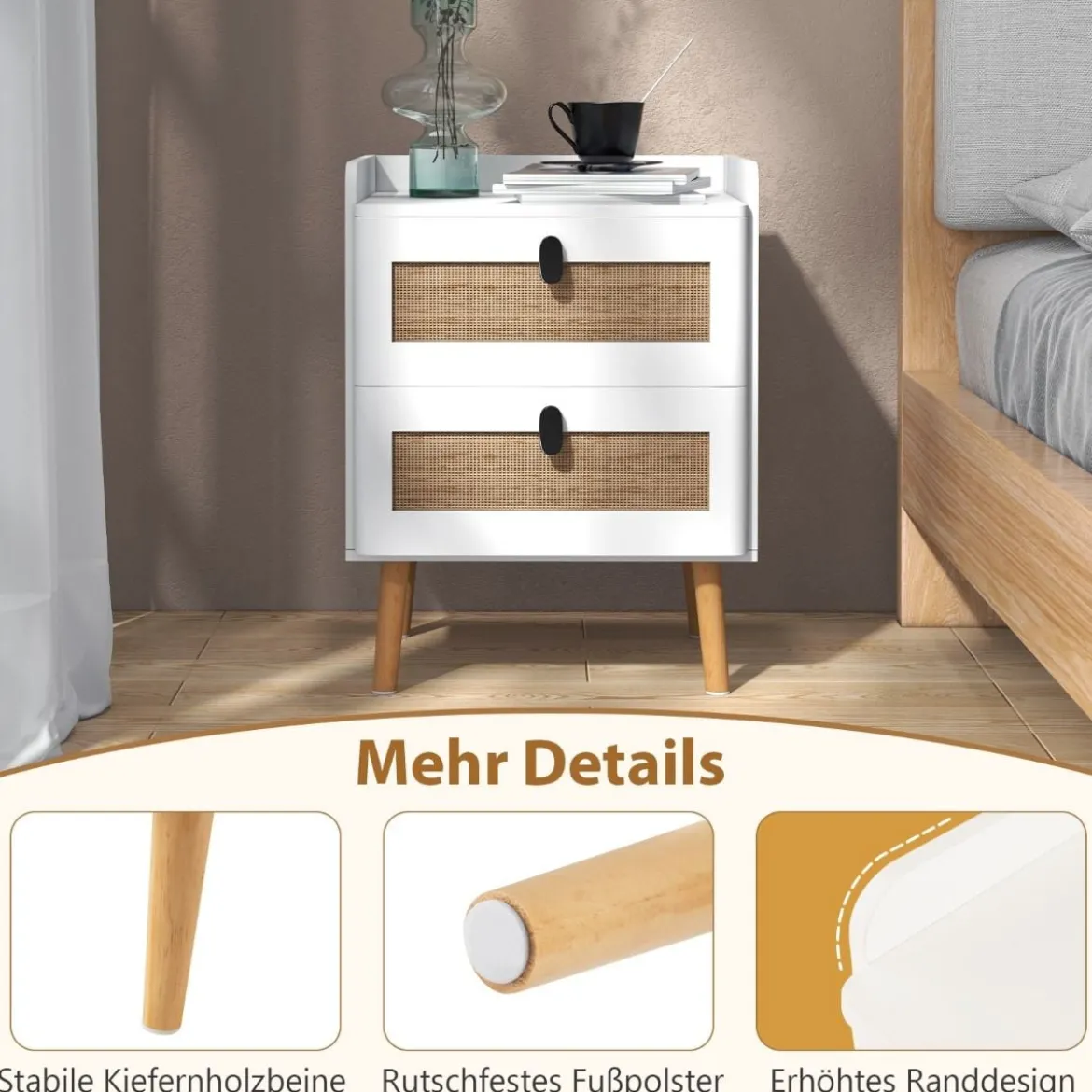 Nachttisch mit 2 Schubladen Massivholzbeine Nachtkommode im Boho-Stil 45 x 40 x 57 cm