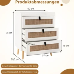 Nachttisch mit 3 Schubladen Massivholzbeine Nachtkommode im Boho-Stil 60 x 40 x 75 cm